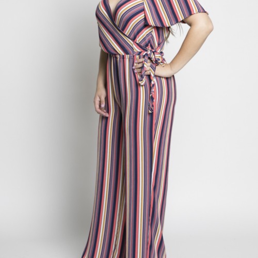 Plus Colder Shoulder Striped Jumpsuit